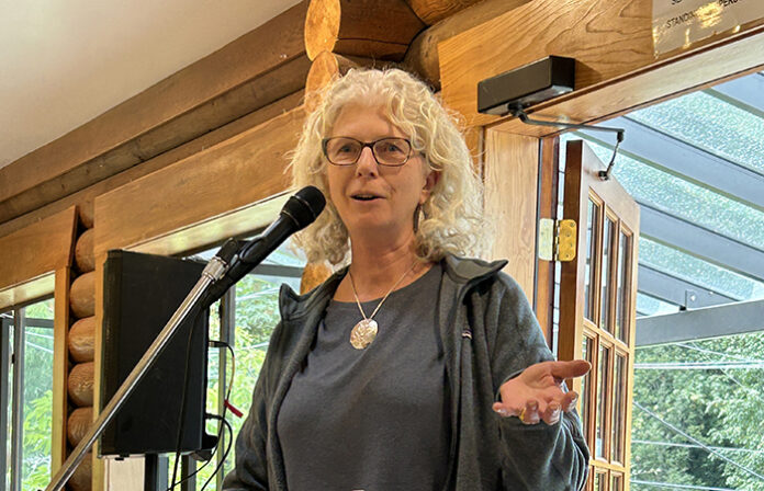 Salt Spring trustee Laura Patrick speaks at a tribute event for retiring MLA Adam Olsen last September. Patrick was elected chair of Islands Trust Council by its members on Tuesday.
